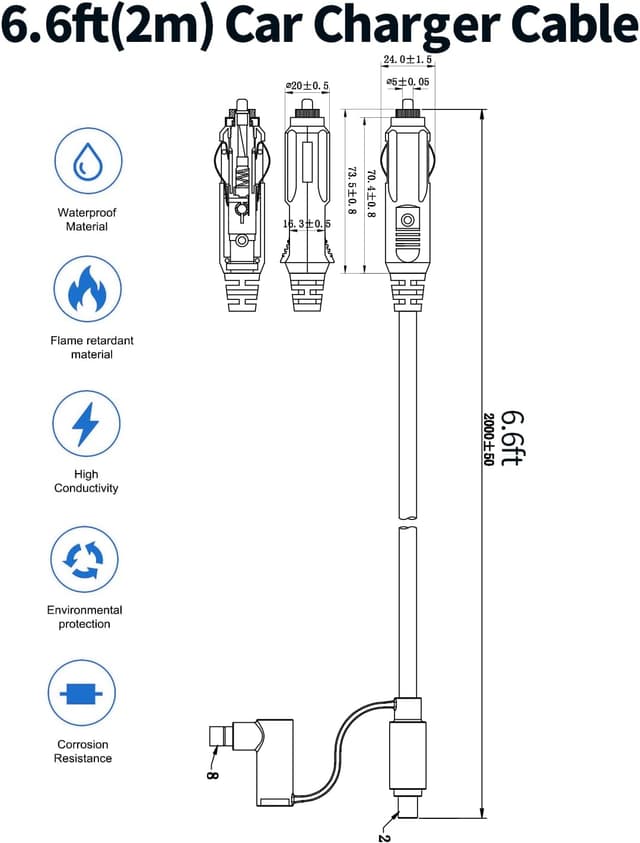 Detalle de TONTON 2M Auto-Zigarettenanzünder auf DC7909/DC8020 Adapter (12–24V) – 14AWG Kabel für Jackery, Bluetti, Anker & mehr