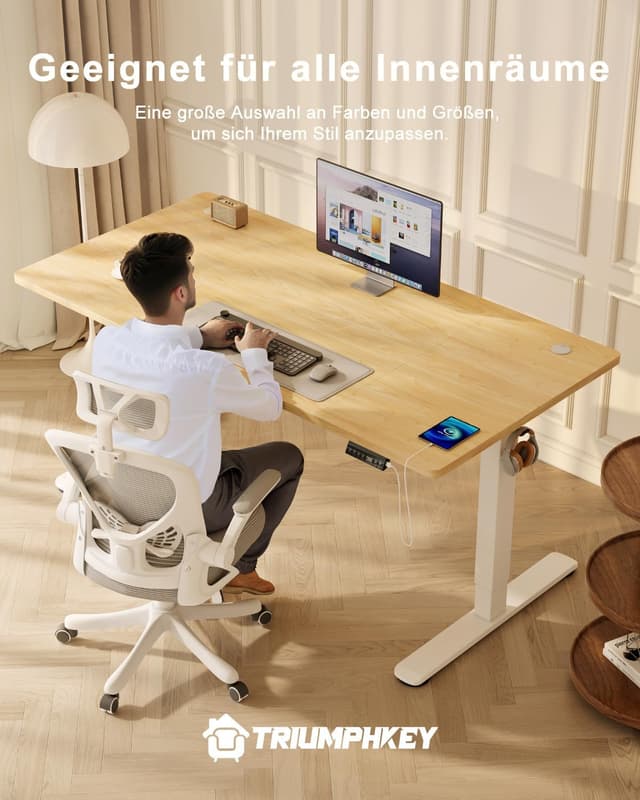 Thumbnail 6 de TRIUMPHKEY höhenverstellbarer Schreibtisch 160x80 mit USB-Ladeanschluss, 3 Memory-Steuerung und Kabelkasten (beige)