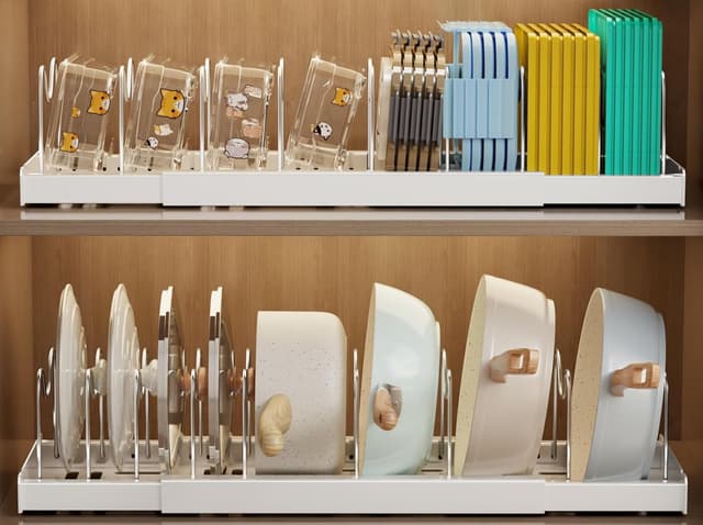 Detalle de Mustorn 2-Pack Expandable Pots and Pans Organizer with 9 Adjustable Dividers (Under-Cabinet Lid Holders) – White