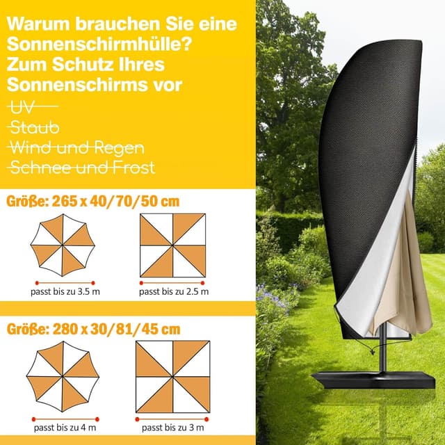 Detalle de Reinalin Sonnenschirm Schutzhülle mit Stab – wasserdicht & UV-beständig für Ampelschirme, 265 x 40/70/50 cm (Schwarz)