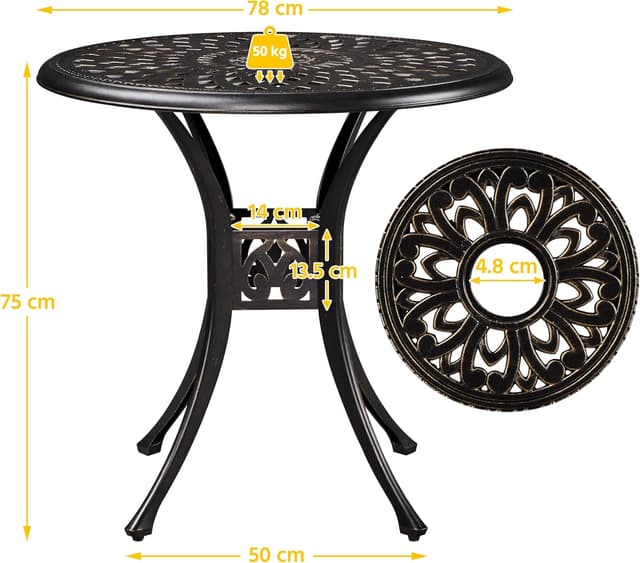 Detalle 2 de Yaheetech Table de jardin ronde design vintage en aluminium bronze, avec trou pour parasol et patins réglables (Ø 78 cm)