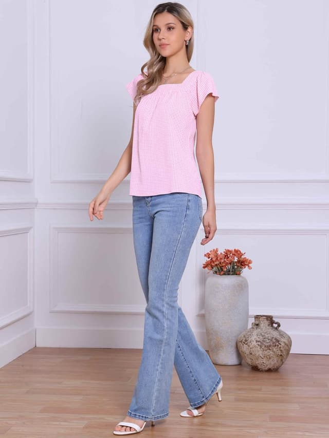 Detalle de Allegra K Damen kariertes ärmelloses Hemd mit quadratischem Ausschnitt