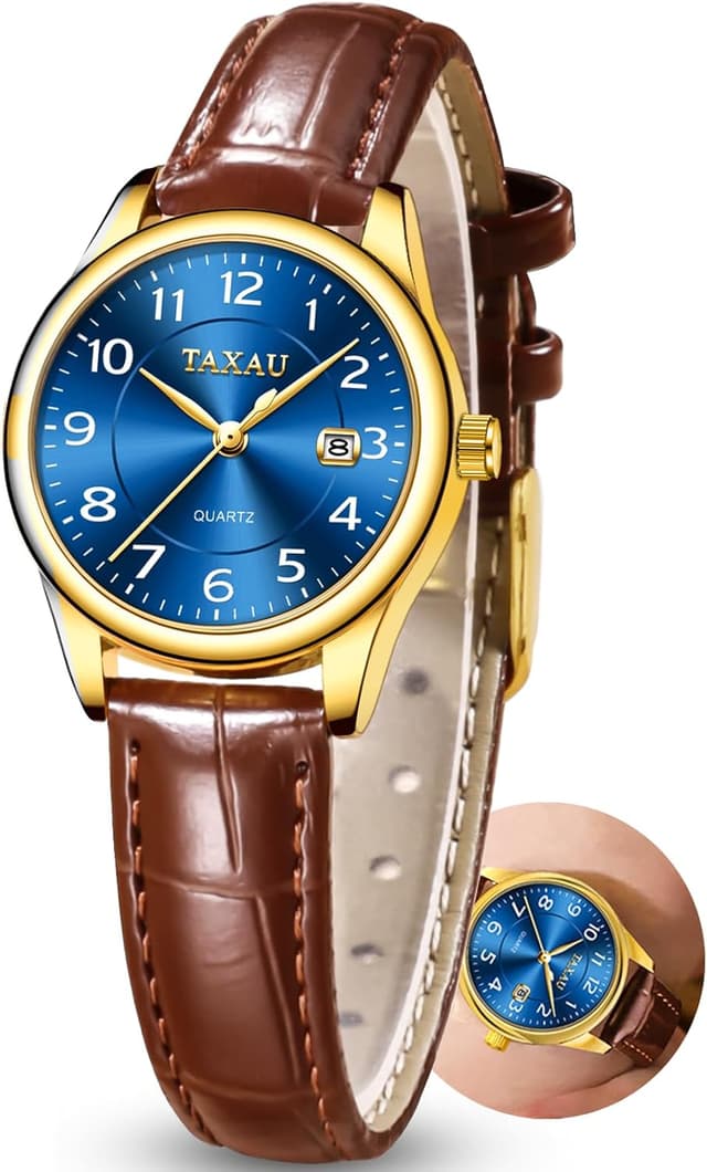 Detalle de Taxau Damenuhr mit Lederarmband, analoges Quarzwerk und Datumsanzeige (28 mm, 3 bar) – elegantes Design zum Kombinieren