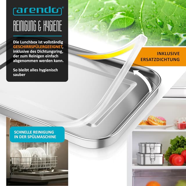 Detalle de Arendo Lunchbox aus Edelstahl 1.400 ml mit Fächern und Silikondichtung – auslaufsicher