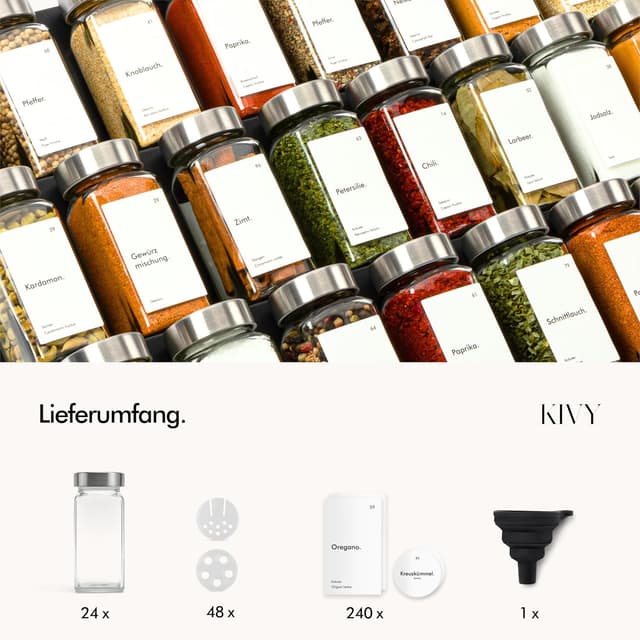 Detalle de KIVY eckige Gewürzgläser mit Streueinsatz (24 x 120 ml) inkl. wasserfester Etiketten