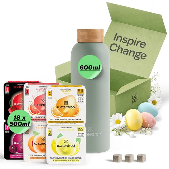 Detalle de waterdrop® Starter Set 600 ml Trinkflasche mit 18 zuckerfreien Microdrinks (Edelstahl, kohlensäuregeeignet)