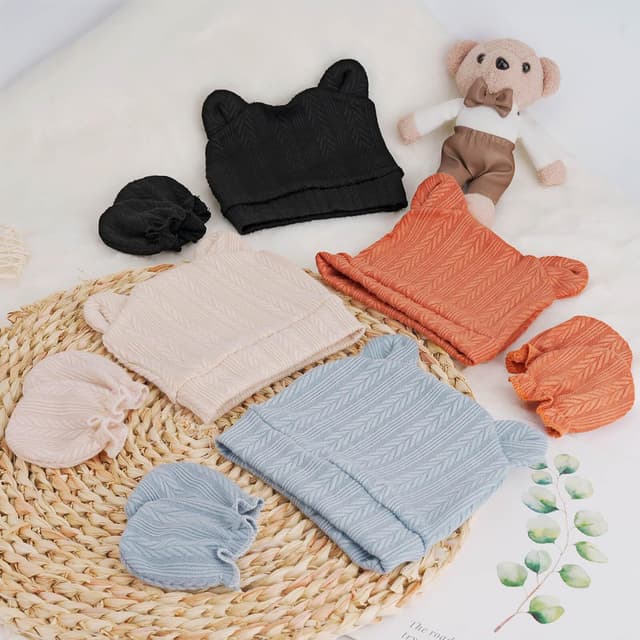 Thumbnail 6 de DRESHOW Newborn Beanie Hat and Gloves (96% cotton, 0–6 months) – 4 hats & 4 mittens