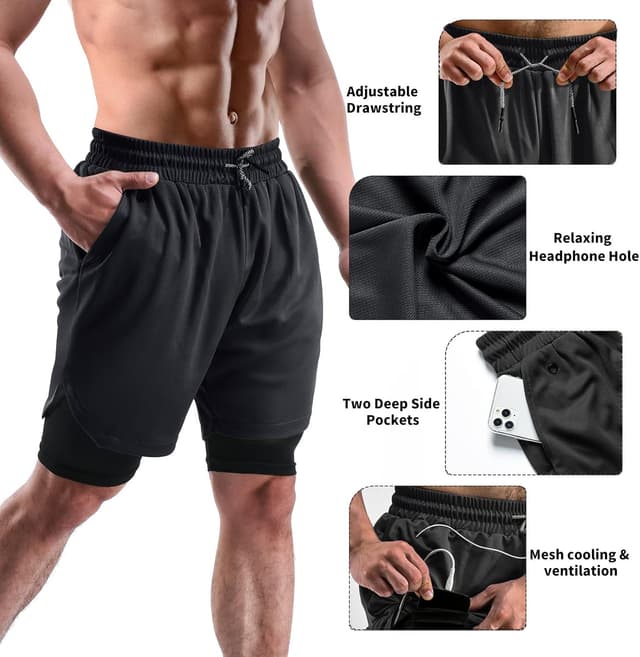 Detalle de FIONECA 2-in-1 Men’s Shorts 2-Pack (7-Inch) with Pockets & Towel Loop