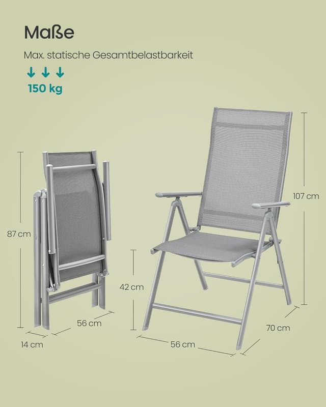 Detalle de SONGMICS Gartenstühle faltbar GCB30GY – verstellbare Rückenlehne in 8 Positionen