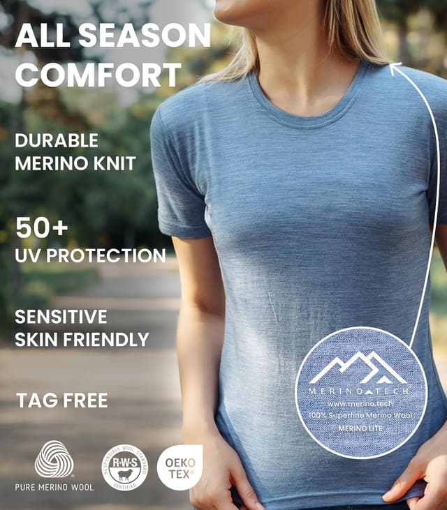 Detalle 2 de Merino.tech 100% Merino Wool Women’s Short-Sleeve Base Layer T-Shirt and Hiking Socks Set