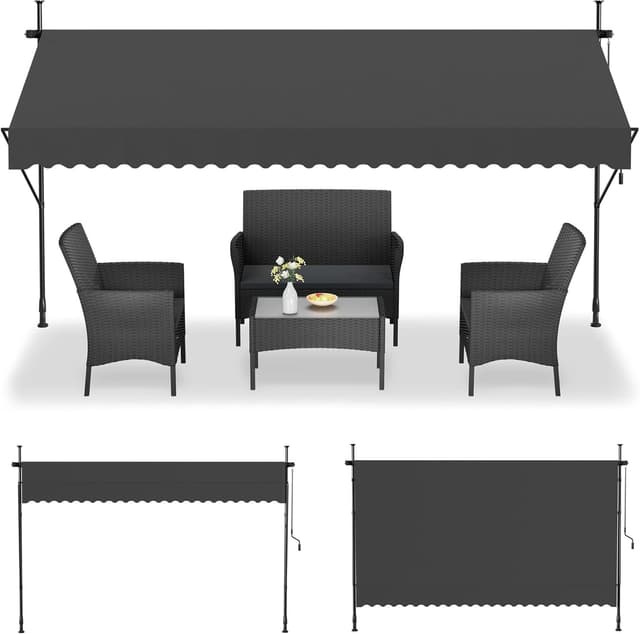 Detalle de UISEBRT Klemmmarkise mit Kurbel – balkon- und terrassentauglicher Sonnenschutz ohne Bohren (3,50 x 1,20 m, Dunkelgrau)