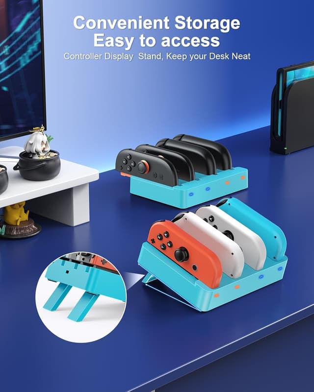 Detalle de WAXITY 8-in-1 Controller Ladestation für Nintendo Switch 2/1/OLED – magnetisch & mit LED-Anzeige (Blau)