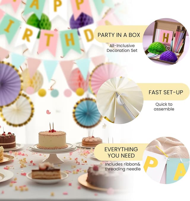 Detalle 2 de Meowoo Geburtstagsdeko-Set mit „Happy Birthday“-Girlande, Wimpelkette, Macaron-Dekor aus Papier & Wabenblumen