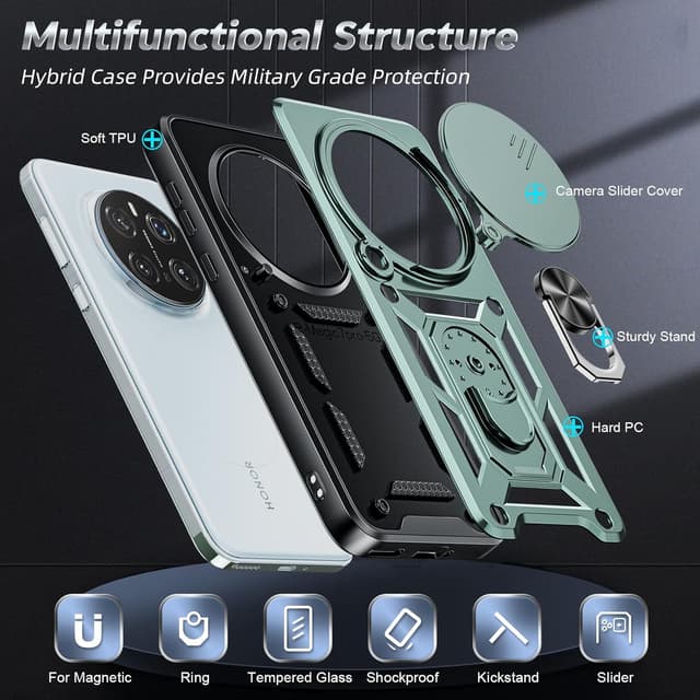 Detalle de LeYi Military Shockproof Case with Sliding Camera Cover for Honor Magic 7 Pro 5G (Green)