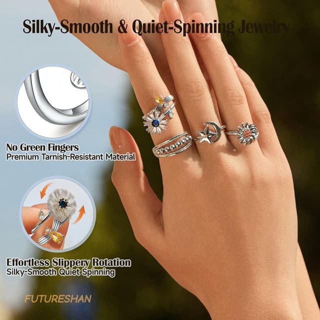 Detalle 2 de 10Pcs Fidget Anxiety Rings (Moon, Sun, Butterfly & More) Adjustable Spinner Rings for Women
