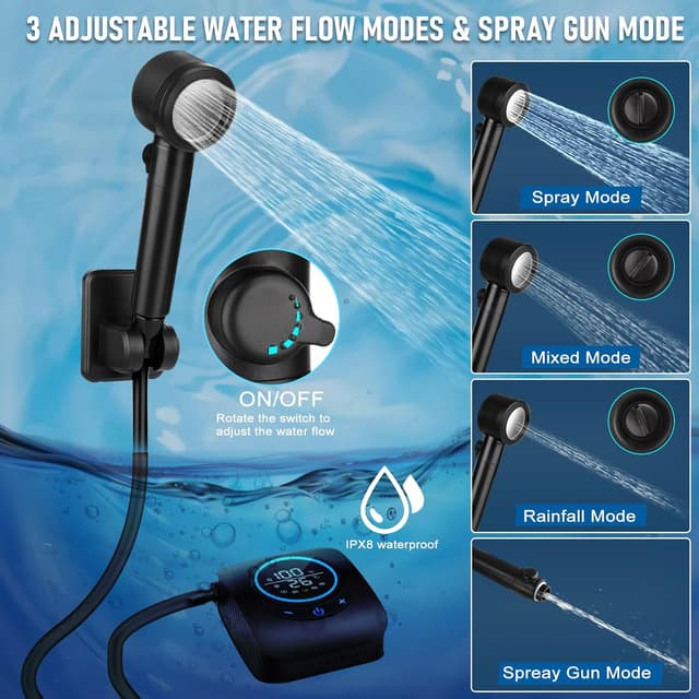 Detalle de Spopal Camping Shower (8000mAh rechargeable) with LED display, 4 spray modes and IPX8 waterproof kit
