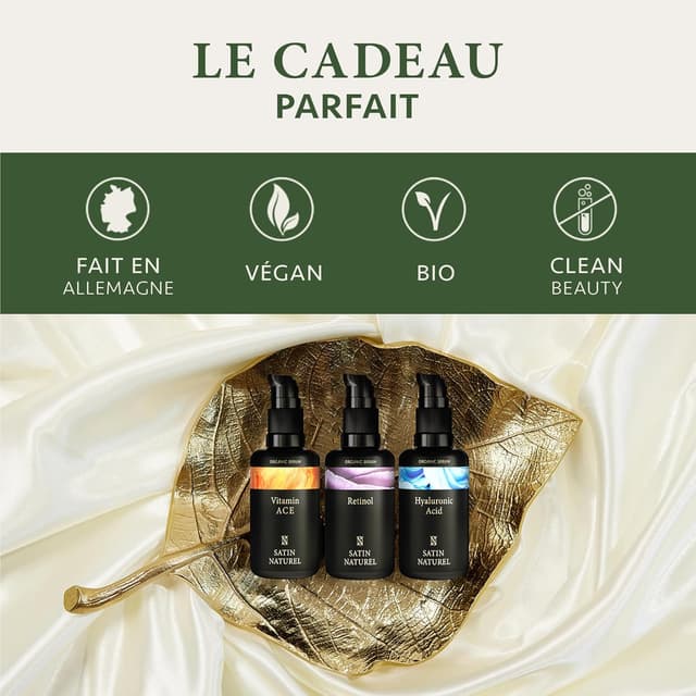 Detalle de Satin Naturel Coffret Cadeau Premium pour Femme – 3x30 ml Sérums Visage Vegan (Acide Hyaluronique, Rétinol, Vitamines ACE)