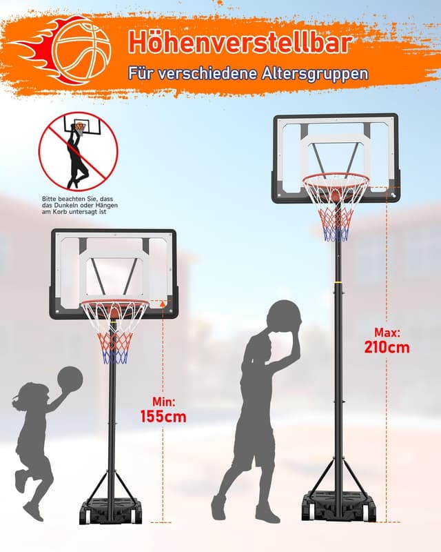 Detalle de Outdoor Basketballkorb für Kinder & Jugendliche, 150–210 cm höhenverstellbar mit bruchsicherer 80×60 cm Rückwand
