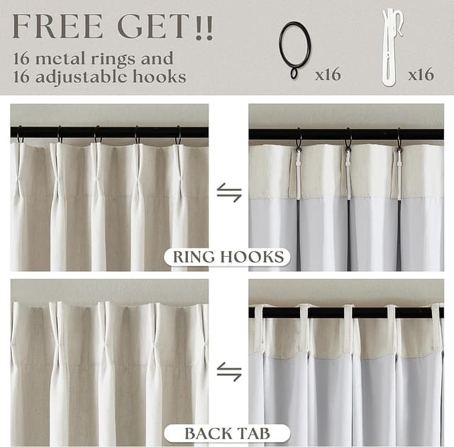 Thumbnail 5 de 90 Inch Pinch Pleated Linen Blackout Curtains 100% Blackout
