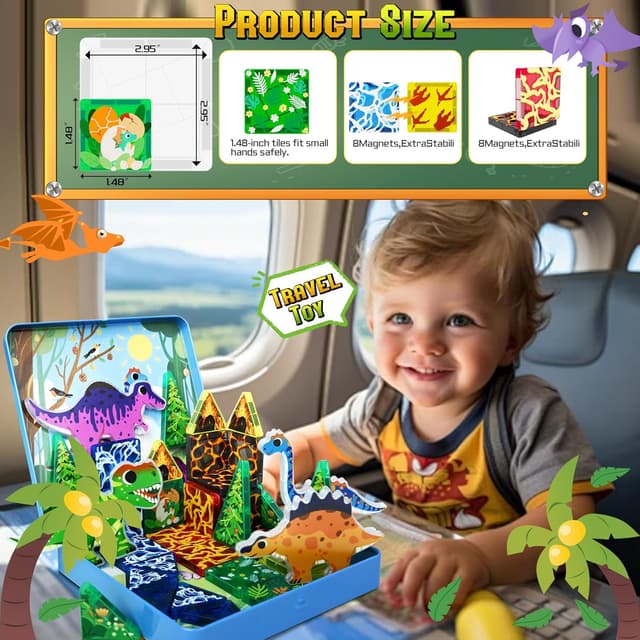 Detalle de URRLUNA 36pc Mini Magnetic Tiles Dinosaur Travel Set for Kids (Portable Dino Building Blocks)