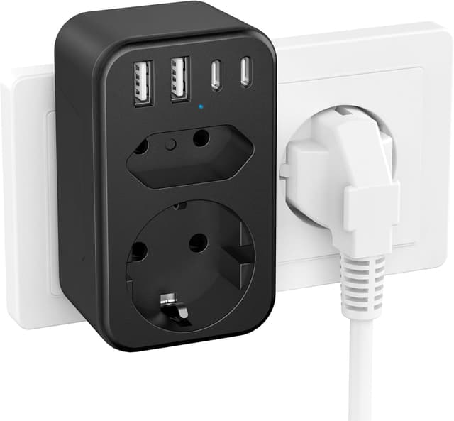 Detalle de JSVER 3680W (max 16A) multipresa con 1 Schuko, 1 presa europea e 4 porte USB-C/USB-A