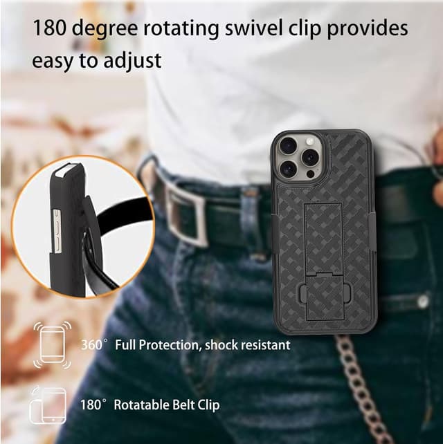 Detalle 2 de Ailiber Designed for iPhone 15 Pro Case with Stand & Belt Clip Holster (Black) + Full Screen Protector