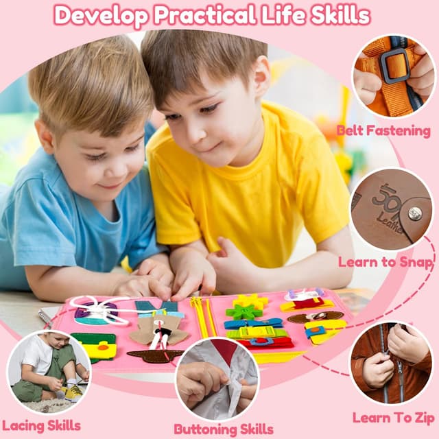 Detalle de Qizfun Toddler Busy Board Montessori Toys – 8-Page Sensory Busy Book for Travel