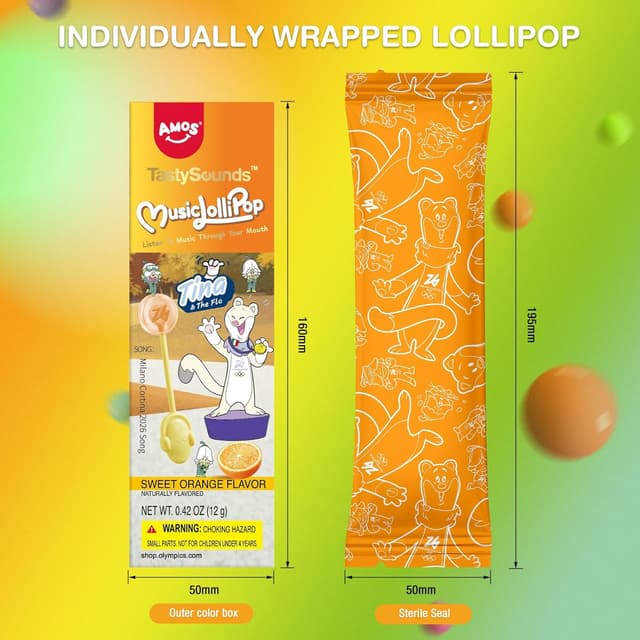 Detalle 2 de AMOS Lecca-lecca musicale Lollipop Orange (senza glutine) – caramella cantabile con conduzione ossea
