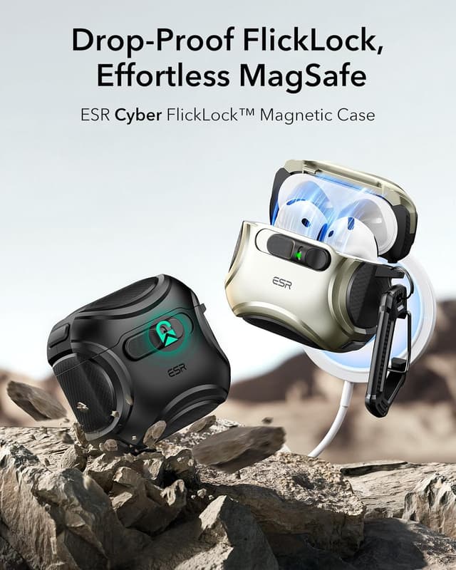 Detalle de ESR AirPods 4 Case (Cyber Series) with MagSafe support, drop protection strap and Find My speaker cutouts