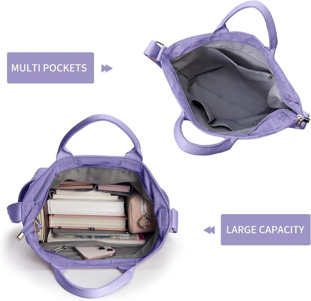 Detalle de KALIDI Corduroy Hobo Bag large capacity tote with zip & crossbody strap