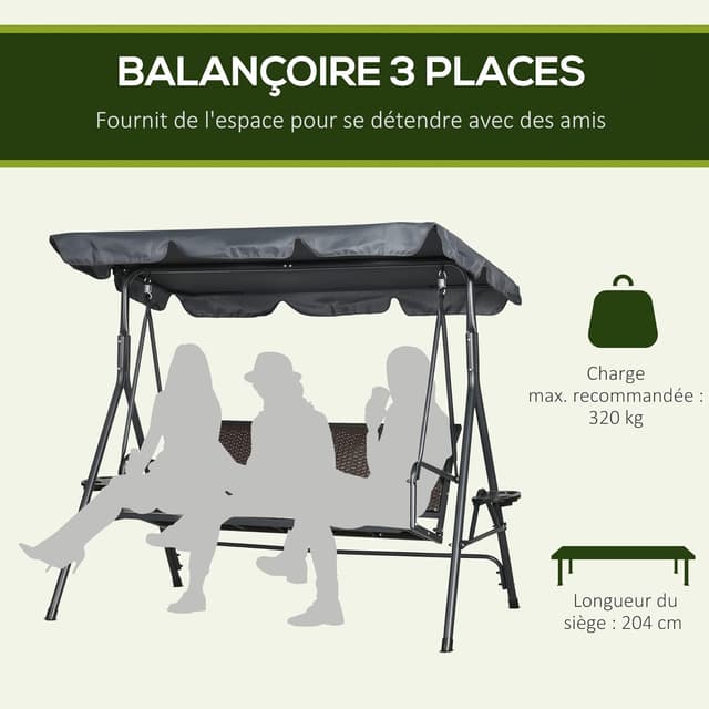 Detalle 1 de Outsunny Balancelle 3 Places Toit Inclinaison