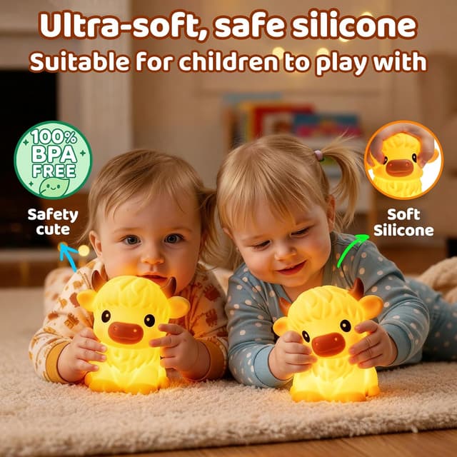 Detalle de Mewaii Highland Cow Nachtlicht für Kinder aus Silikon – wiederaufladbar mit 3 Helligkeitsstufen und 30-Minuten-Timer