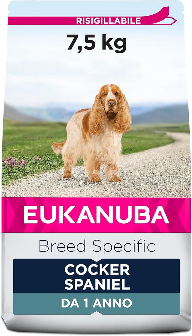Detalle de Eukanuba Breed Specific Cocker Spaniel Adulti, alimento secco con prebióticos e DentaDefense, 7,5 kg