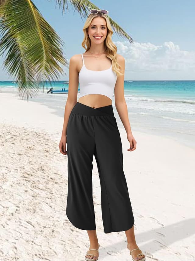 Detalle de Phophila Wide Leg Capri Pants for Women with Crossover High Waist and Pockets