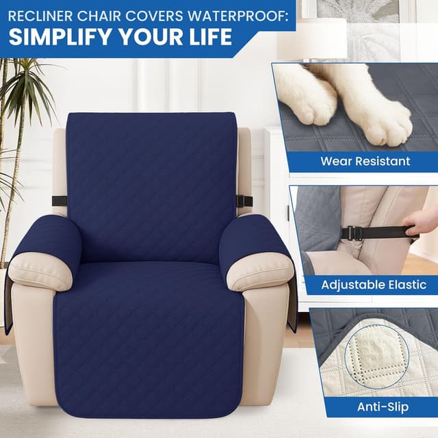 Detalle de YSTELLAA Copripoltrona Relax reclinabile grande impermeabile per 1 posto con braccioli (blu scuro)