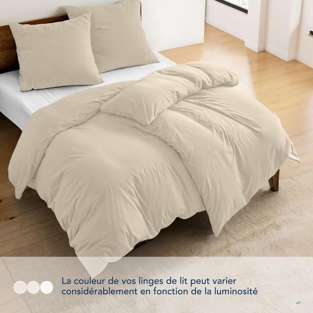 Detalle de Dreamzie – Lot de 2 housses de couette 135x200 avec 2 taies 80x80 en microfibre douce beige (parure 4 pièces, Oeko-Tex)