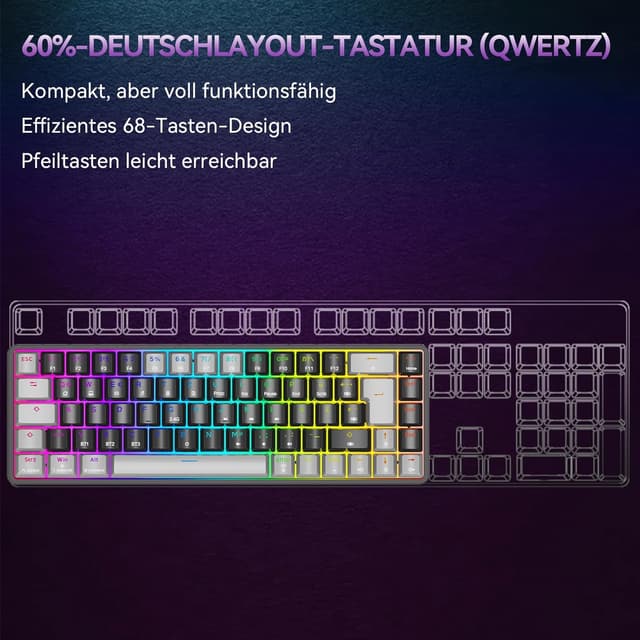 Detalle 2 de TMKB T68 Gaming-Tastatur (68 Tasten, kabellos) mit Bluetooth/2.4G/Typ-C und Anti-Ghosting – QWERTZ, blau