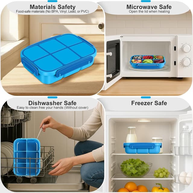 Detalle de Amathley Kinder-Brotdose mit Fächern (1200 ml) – Bento Box Blau mit 6 Fächern, Soßenbehälter & Cartoon-Set