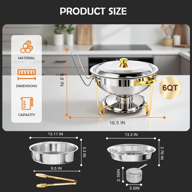 Thumbnail 6 de ALSO GO Round Chafing Dishes for Buffet 4 Pack 6QT Gold