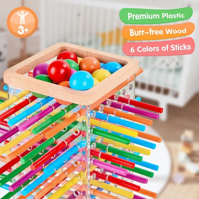 Detalle de Montessori Wooden Board Game Tower Set with 48 Coloured Sticks and 12 Balls (Ages 3+)