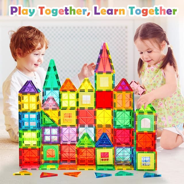 Detalle 2 de Dopyye 132-Piece Magnetic Tiles Building Blocks Set with 2 Rolling Cars (STEM Montessori Toy for Ages 3–9)