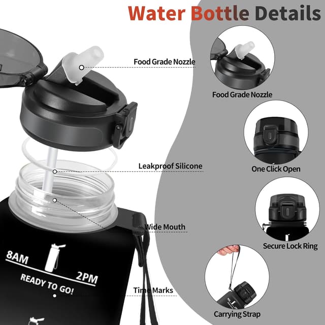Detalle de Motswedi Gourde Paille 1500 ml sans BPA, étanche (noir & rouge) — idéale école et activités outdoor