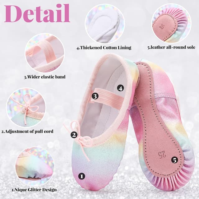 Detalle de Girls’ glitter ballet shoes in genuine leather full sole (full sole dance slippers)