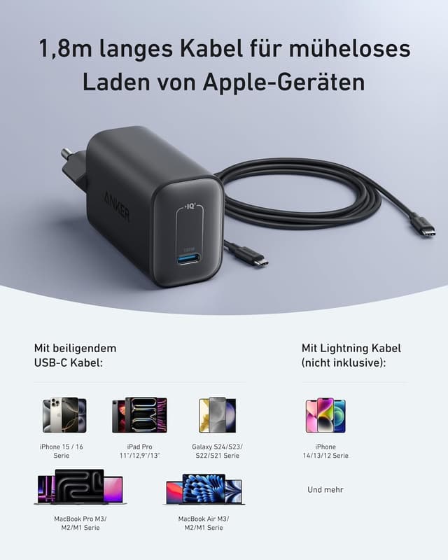 Detalle de Anker Nano 100W Ladegerät – kompaktes 100-W-Netzteil für MacBook, iPad, iPhone und USB‑C Geräte (inkl. 1,8 m USB‑C Kabel)