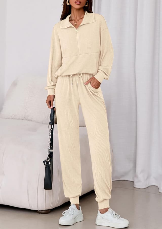 Detalle de PRETTYGARDEN Women’s Fall 2-Piece Lounge Set (Half-Zip Sweatshirt + Drawstring Joggers)