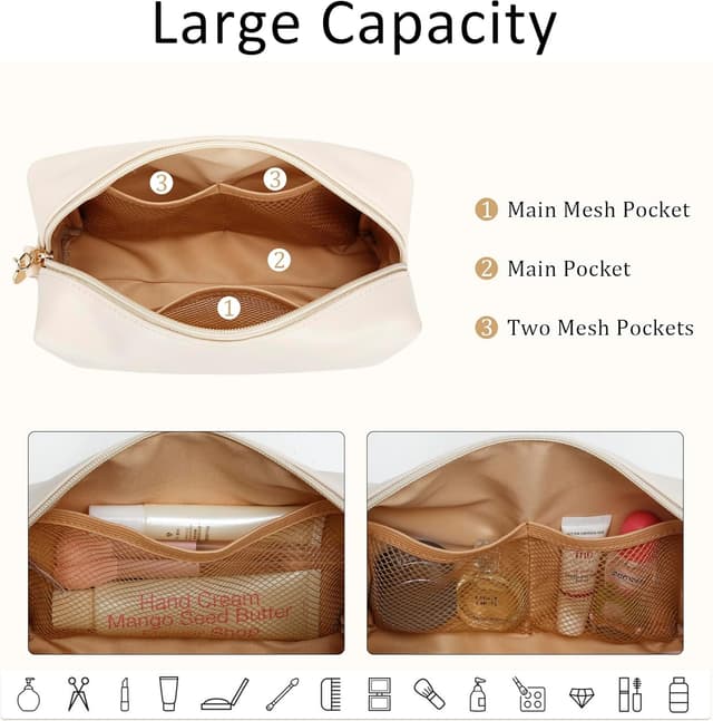 Detalle de CLOUDWINGS Personalized Initial Makeup Bag (Beige) – PU Leather Waterproof Travel Toiletry Bag for Bridesmaids