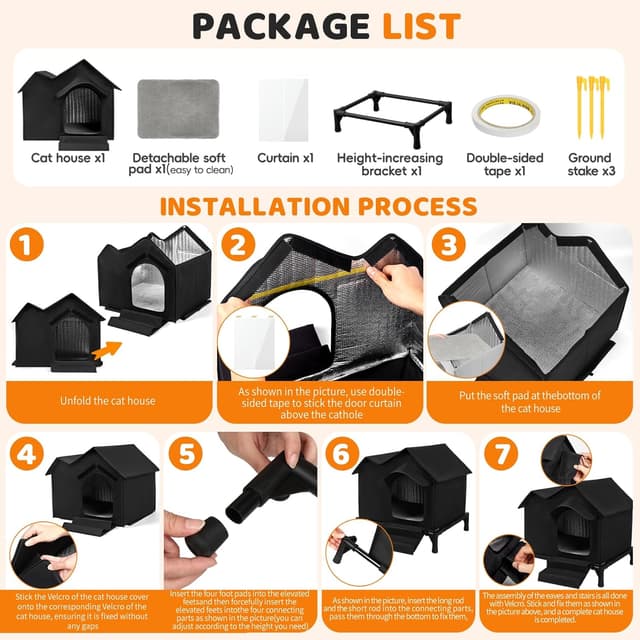 Detalle 2 de Large Outdoor Elevated Double-roof Waterproof Cat House with Stairs, Winter & Summer Weatherproof Warm Shelter (Black)