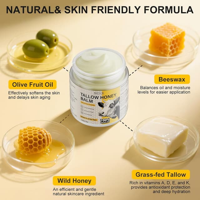 Detalle de BIETCR Organic Grass-Fed Beef Tallow Balm (Unscented, 4.2 oz) for Face, Body, Lip Care & Eczema