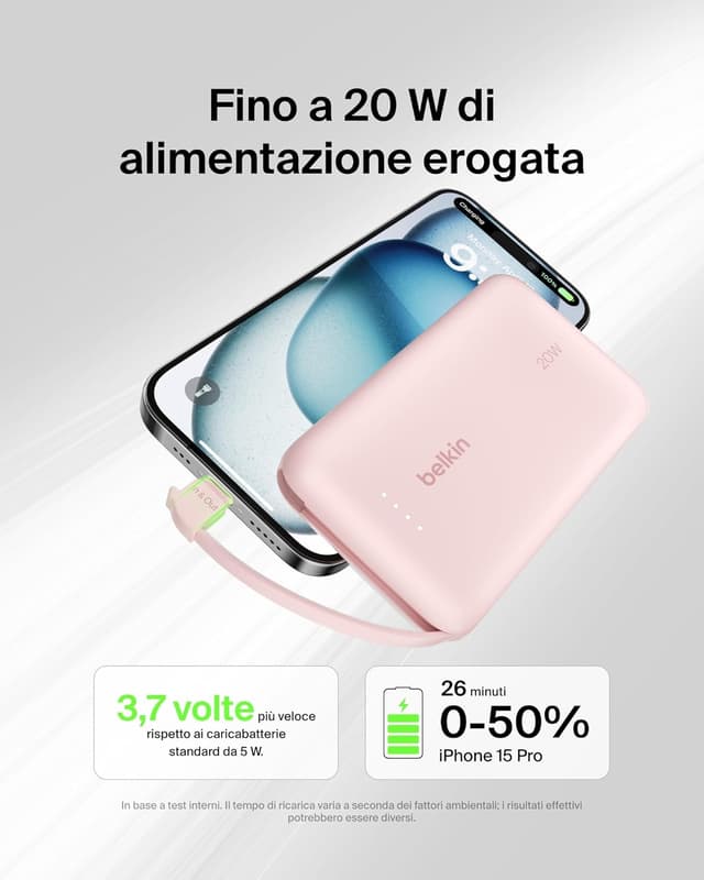 Detalle 2 de Belkin BoostCharge power bank 10.000 mAh con cavo USB‑C integrato e uscita 20 W PD