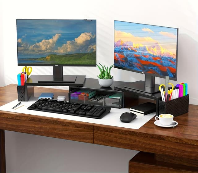 Detalle de Pygocereri dual monitor stand riser with drawer and pen holders (adjustable height/angle) – metal black